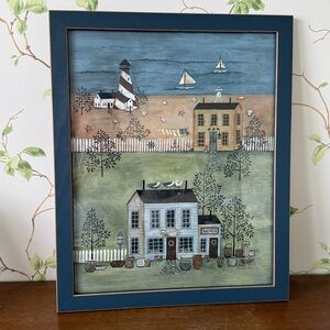 Coastal Lighthouse Folk Art Framed Print ‘The Basket Maker’ Signed